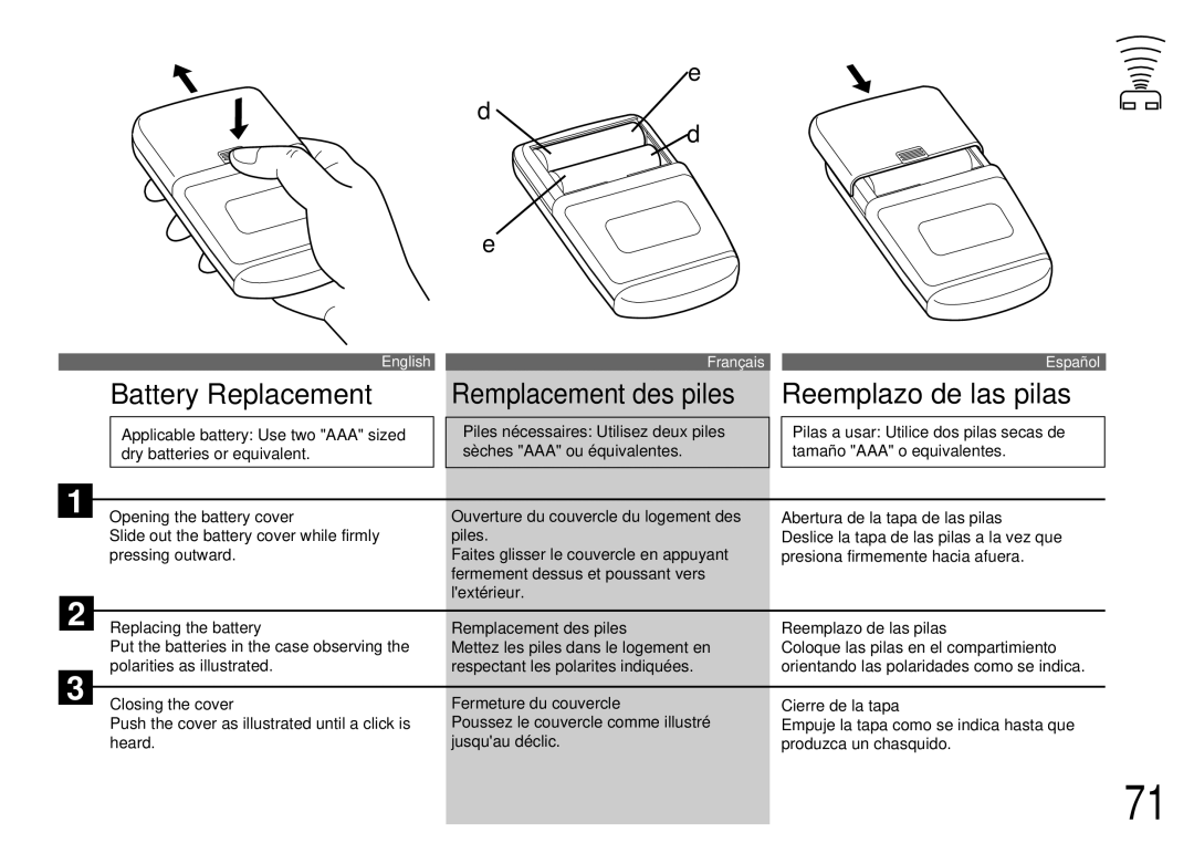 Alpine CDA-7842R, CDA-7944R Battery Replacement, Reemplazo de las pilas, Slide out the battery cover while firmly 