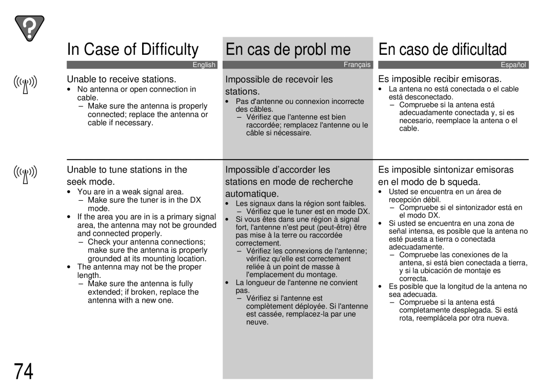 Alpine CDA-7944R, CDA-7842R owner manual ∙ No antenna or open connection, ∙ La antena no está conectada o el cable 