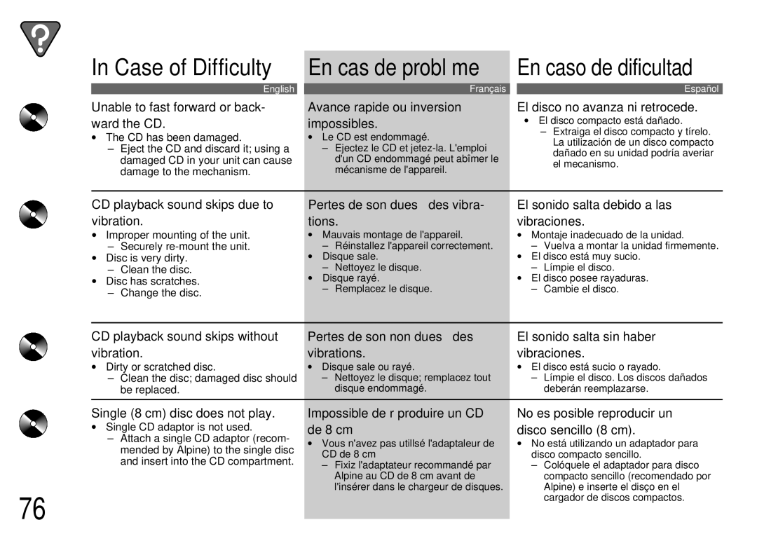 Alpine CDA-7944R, CDA-7842R owner manual ∙ El disco compacto está dañado, ∙ Single CD adaptor is not used 