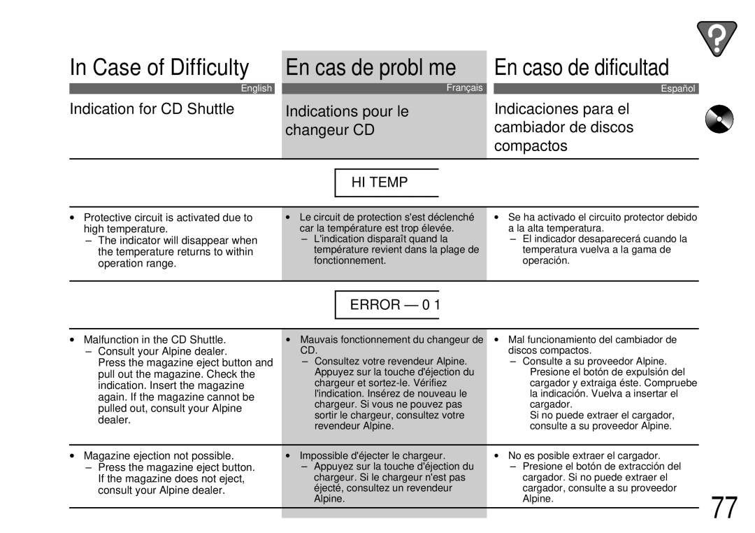 Alpine CDA-7842R, CDA-7944R owner manual Indication for CD Shuttle 