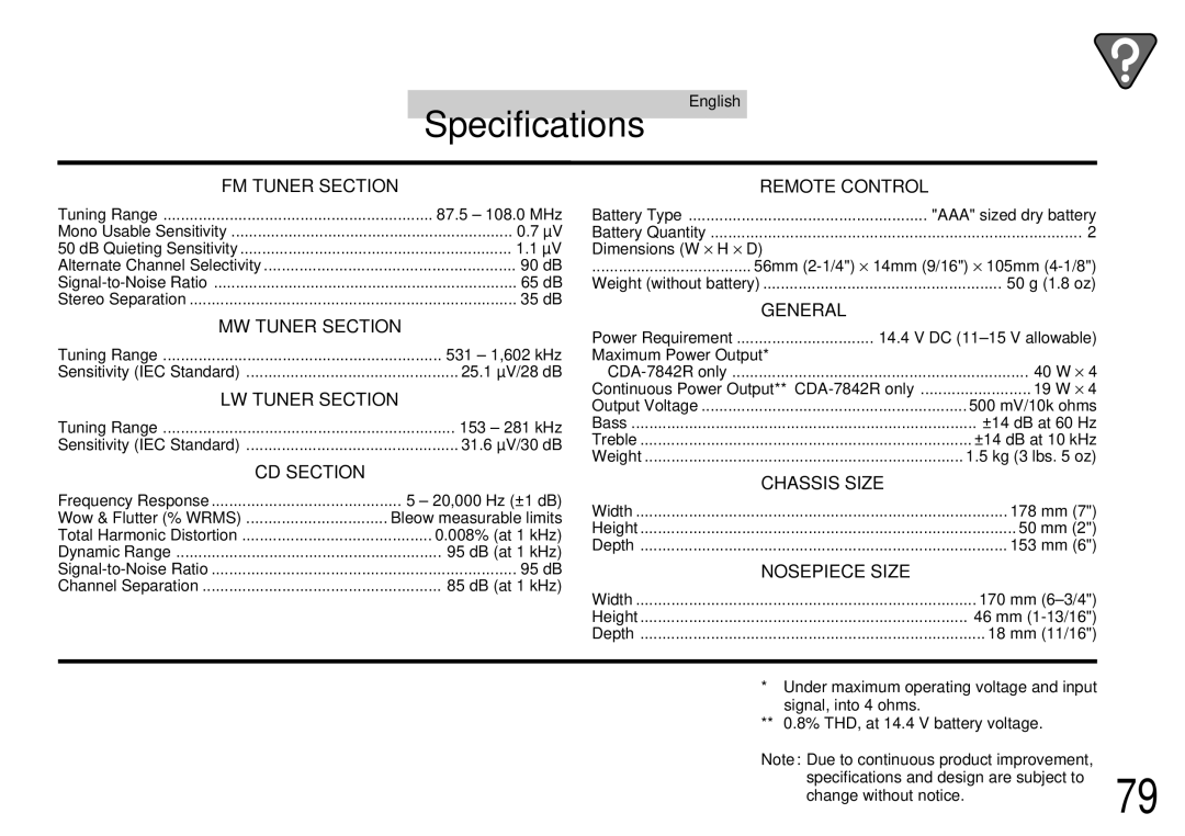 Alpine CDA-7842R, CDA-7944R owner manual Specifications 