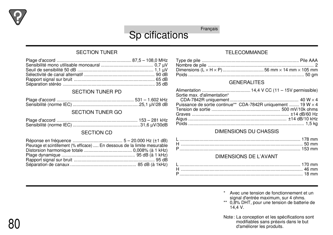 Alpine CDA-7944R, CDA-7842R owner manual Spécifications 