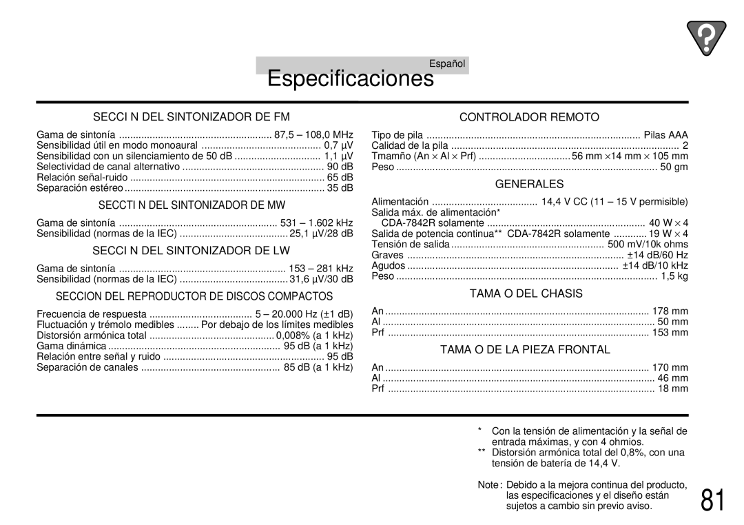 Alpine CDA-7842R, CDA-7944R owner manual Especificaciones 