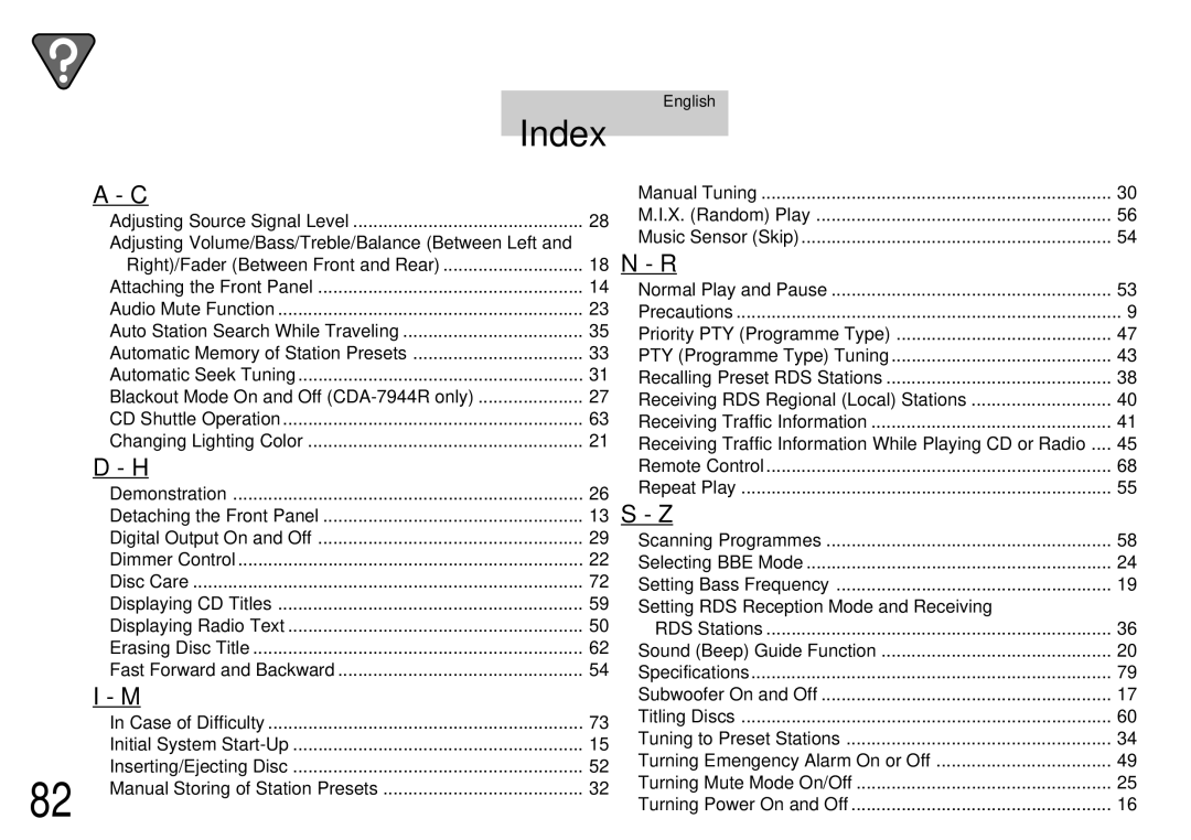 Alpine CDA-7944R, CDA-7842R owner manual Index, Adjusting Volume/Bass/Treble/Balance Between Left 