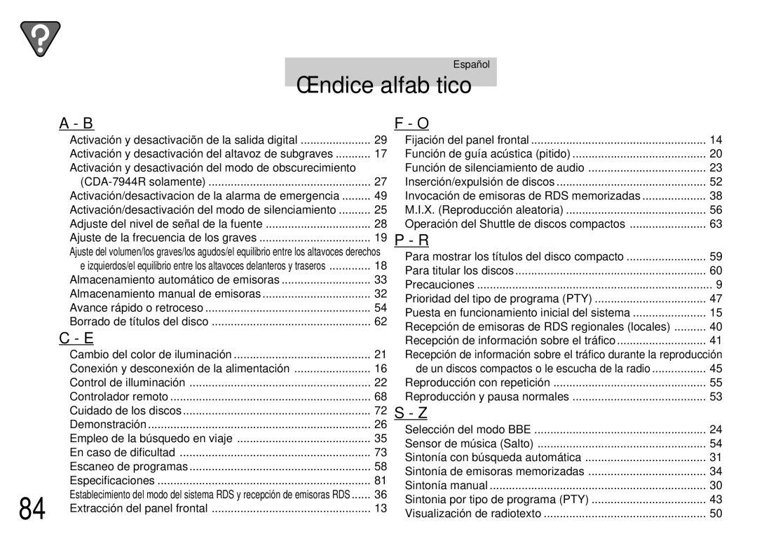 Alpine CDA-7944R, CDA-7842R owner manual Índice alfabético, Recepción de emisoras de RDS regionales locales 