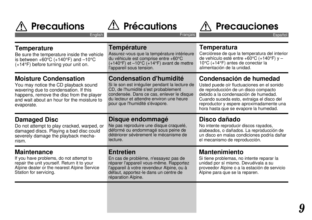 Alpine CDA-7844 owner manual Precautions Précautions Precauciones 