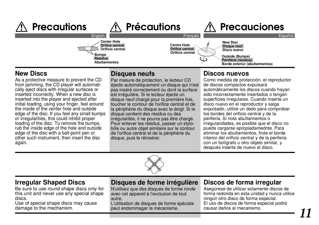 Alpine CDA-7844 owner manual Precautions Précautions Precauciones 