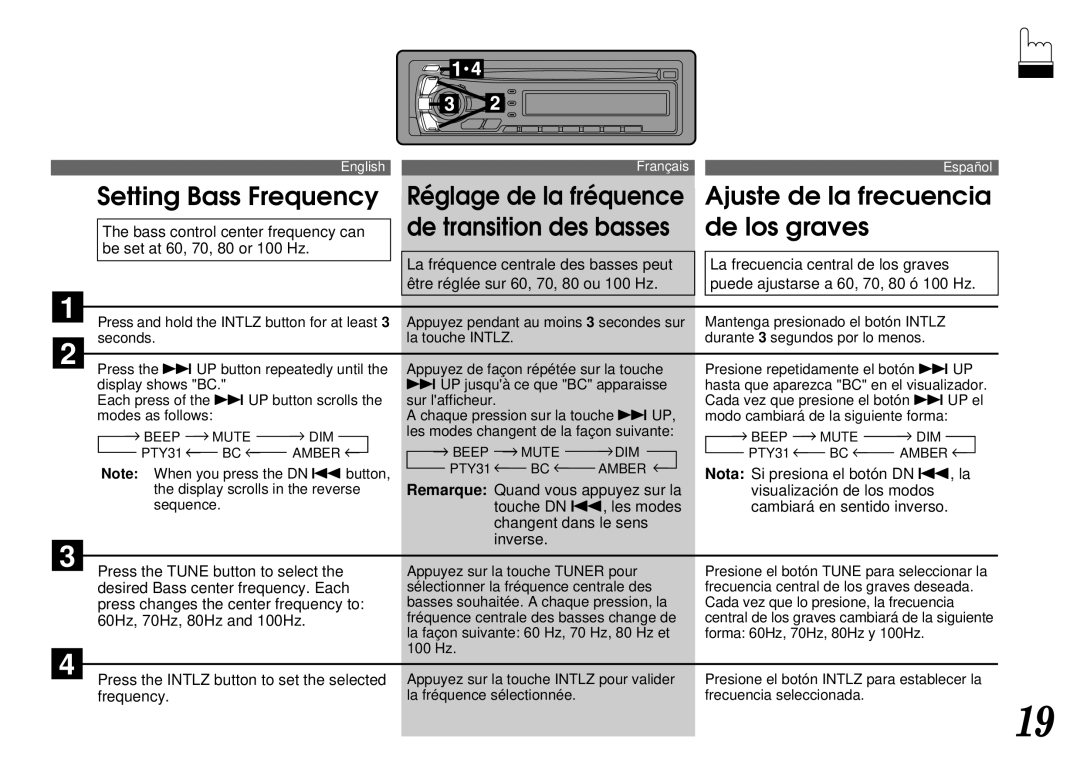 Alpine CDA-7844 Setting Bass Frequency, Press and hold the Intlz button for at least, Mantenga presionado el botón Intlz 