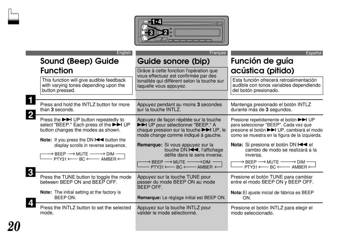 Alpine CDA-7844 owner manual Grâce à cette fonction lopération que, Nota El ajuste inicial de fábrica es Beep 