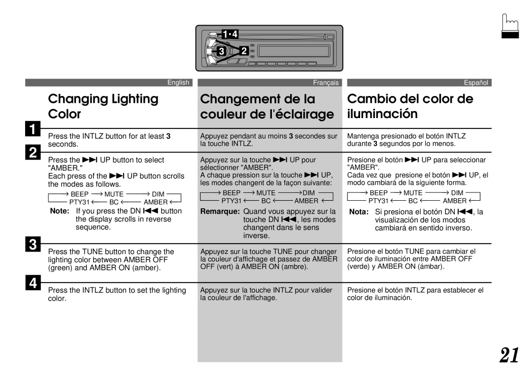 Alpine CDA-7844 owner manual Press the Intlz button for at least, Sélectionner Amber 