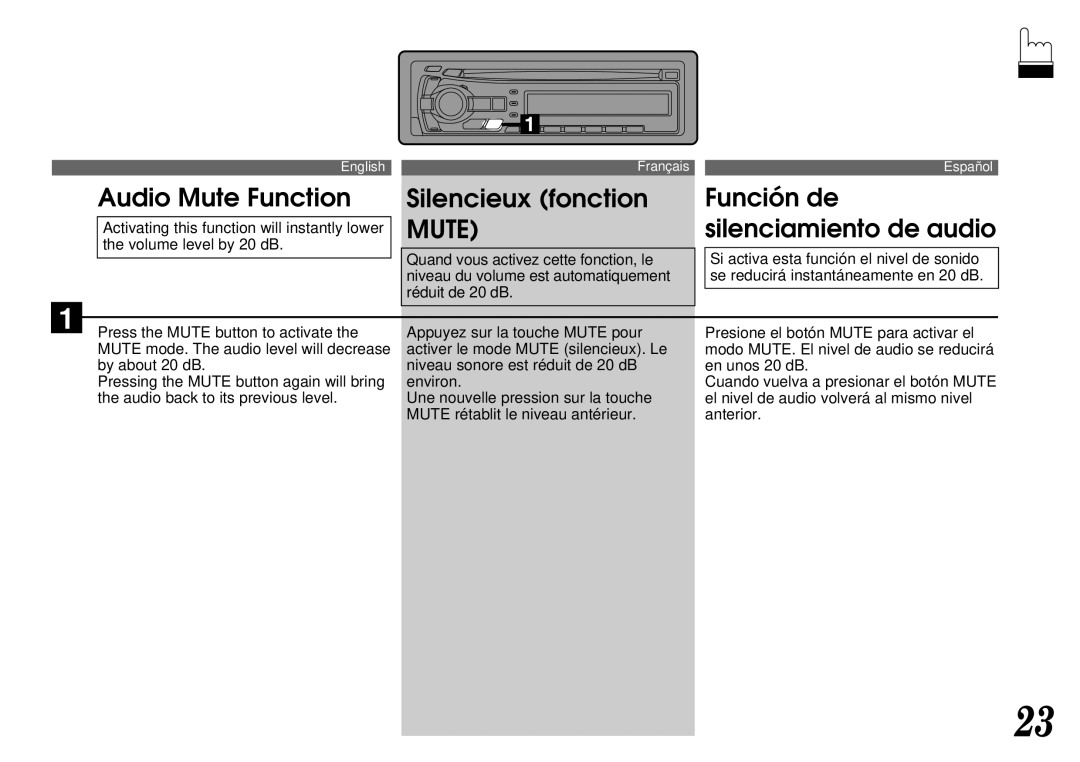 Alpine CDA-7844 owner manual Audio Mute Function Silencieux fonction, Activating this function will instantly lower 