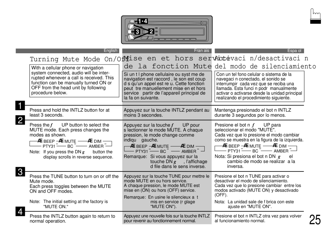 Alpine CDA-7844 Mise en et hors service, De la fonction Mute, Ajuste en Mute on Press the Intlz button again to return to 