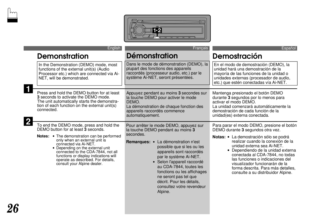 Alpine CDA-7844 owner manual Demonstration Démonstration Demostración 