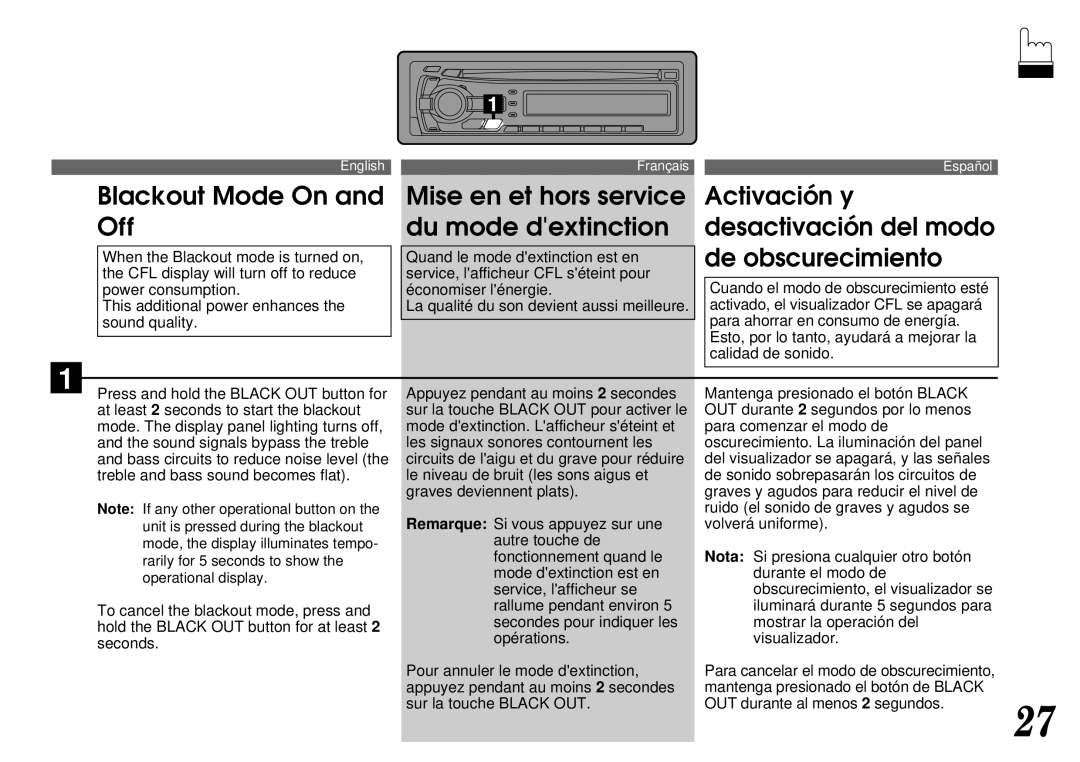 Alpine CDA-7844 owner manual Blackout Mode On Mise en et hors service, Off Du mode dextinction 