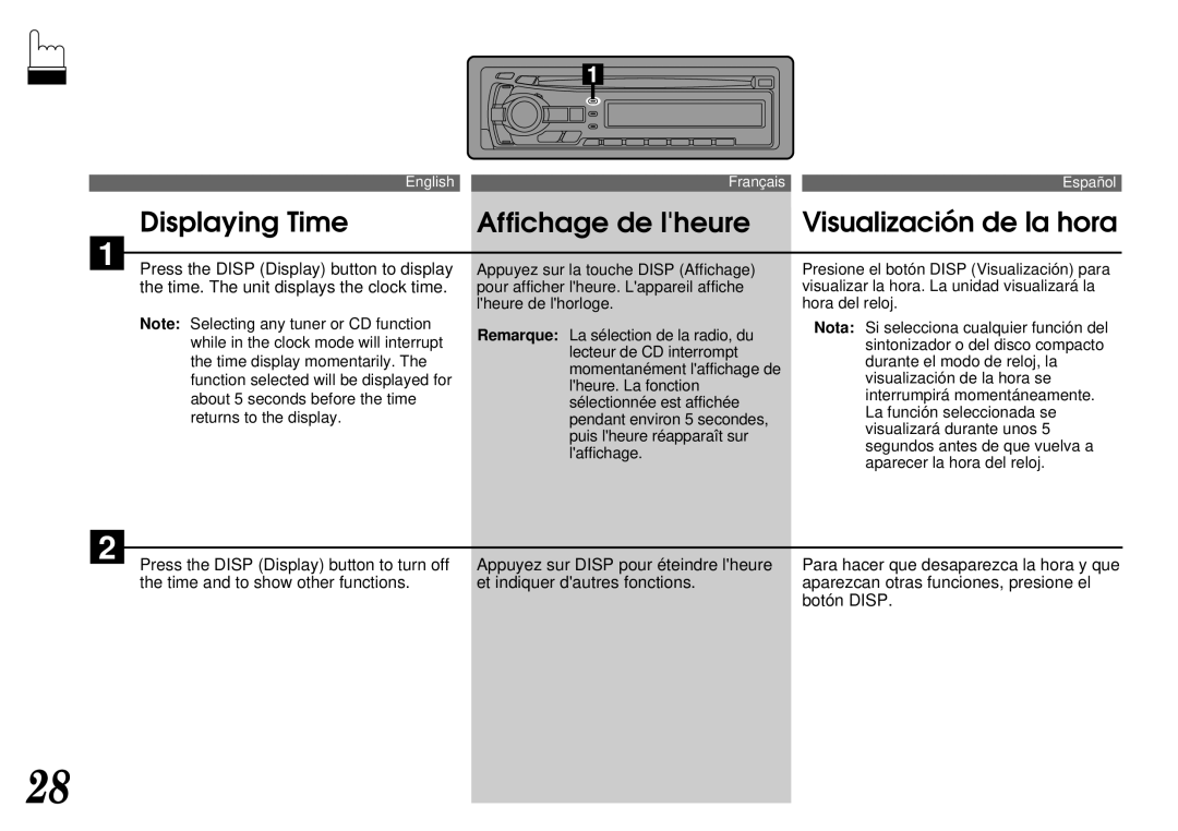 Alpine CDA-7844 owner manual Displaying Time Affichage de lheure Visualización de la hora 