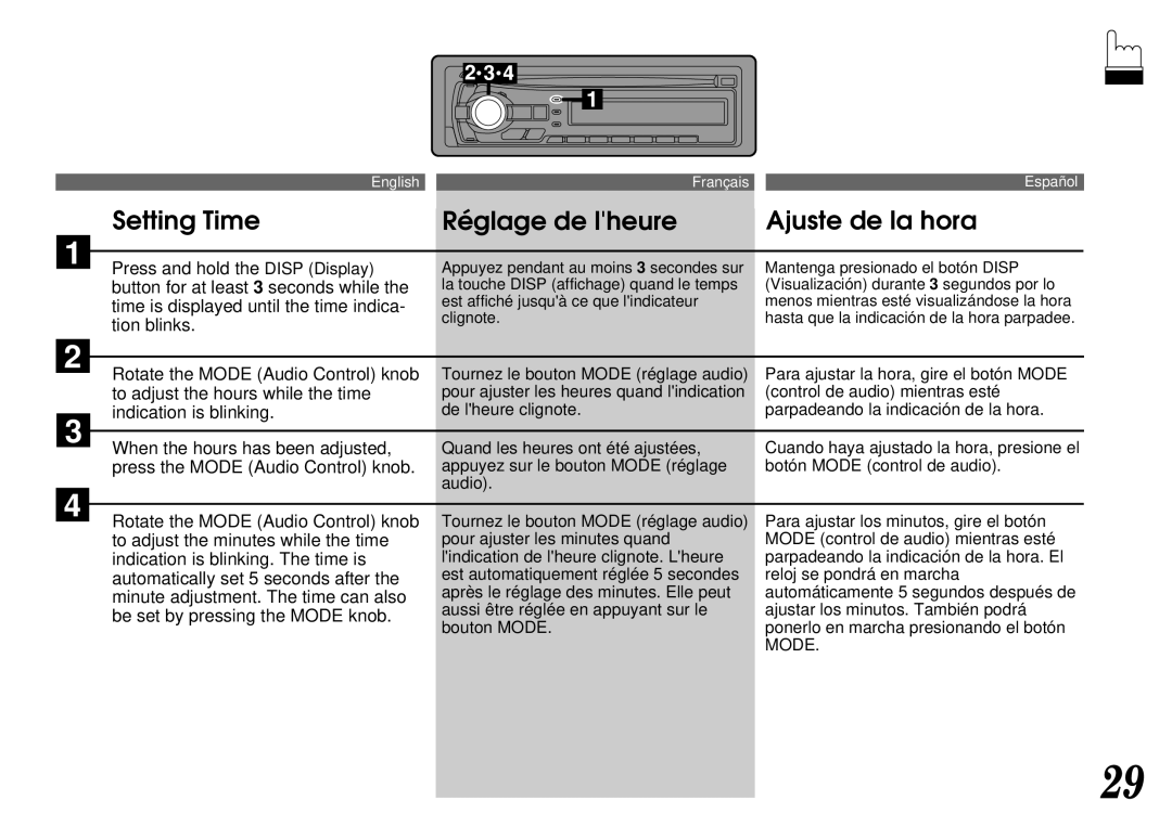 Alpine CDA-7844 owner manual Clignote Hasta que la indicación de la hora parpadee 