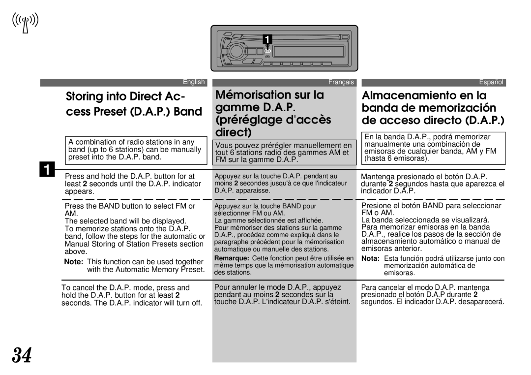 Alpine CDA-7844 En la banda D.A.P., podrá memorizar, Mantenga presionado el botón D.A.P, Appears, Indicador D.A.P, FM o AM 