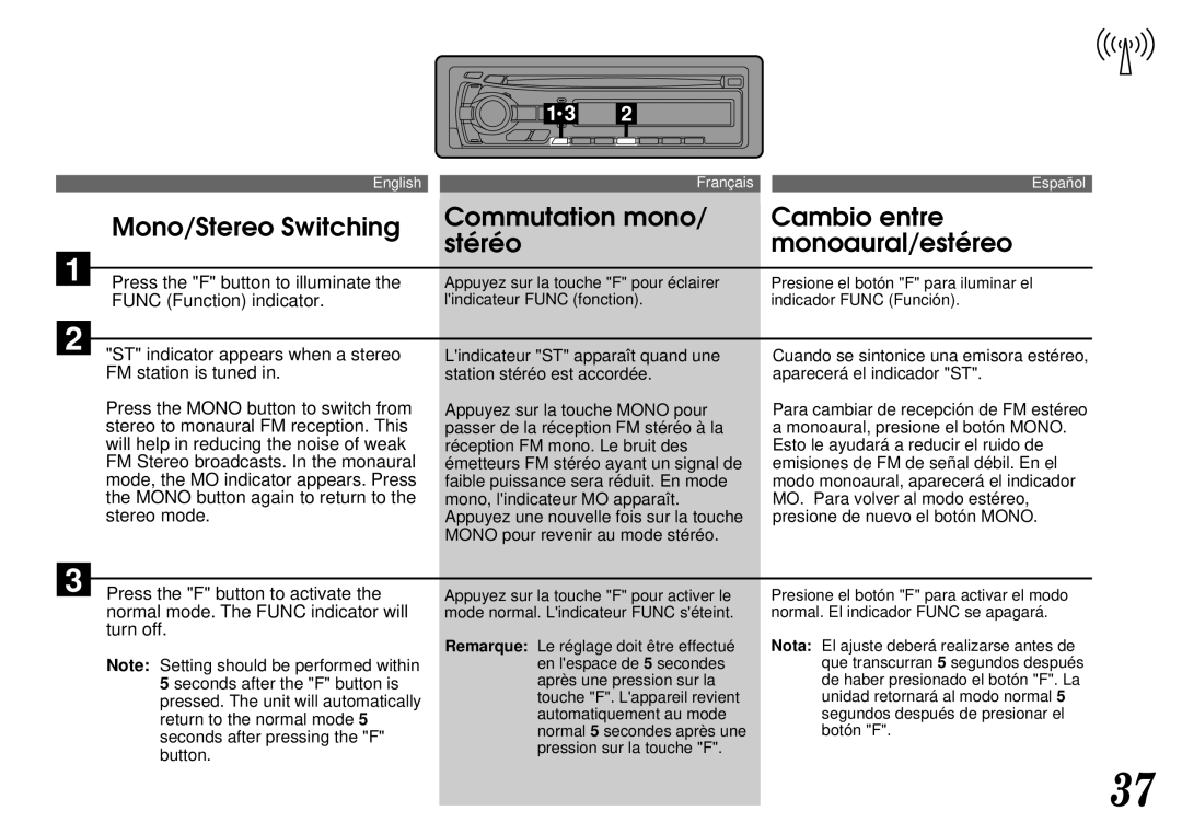 Alpine CDA-7844 Lindicateur Func fonction Indicador Func Función, Station stéréo est accordée Aparecerá el indicador ST 