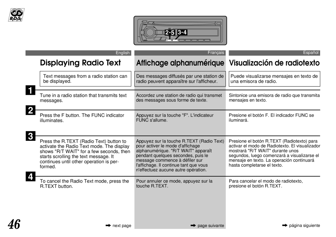 Alpine CDA-7844 owner manual Displaying Radio Text, Affichage alphanumérique Visualización de radiotexto 