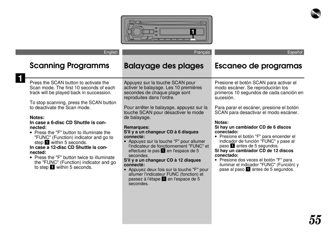 Alpine CDA-7844 Scanning Programms Balayage des plages Escaneo de programas, ∙ Press the F button to illuminate 