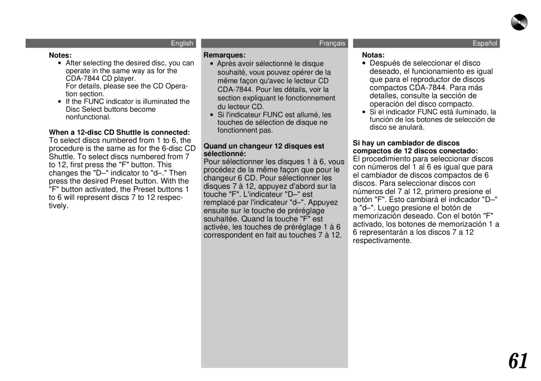 Alpine CDA-7844 owner manual When a 12-disc CD Shuttle is connected 