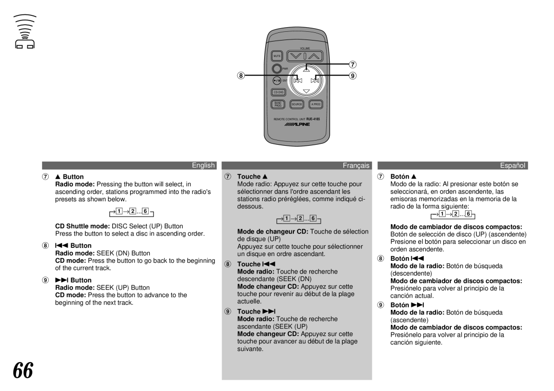 Alpine CDA-7844 owner manual Mode de changeur CD Touche de sélection de disque UP 