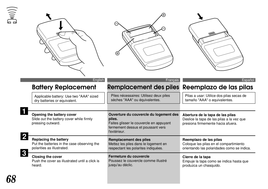 Alpine CDA-7844 owner manual Battery Replacement, Reemplazo de las pilas, Slide out the battery cover while firmly 