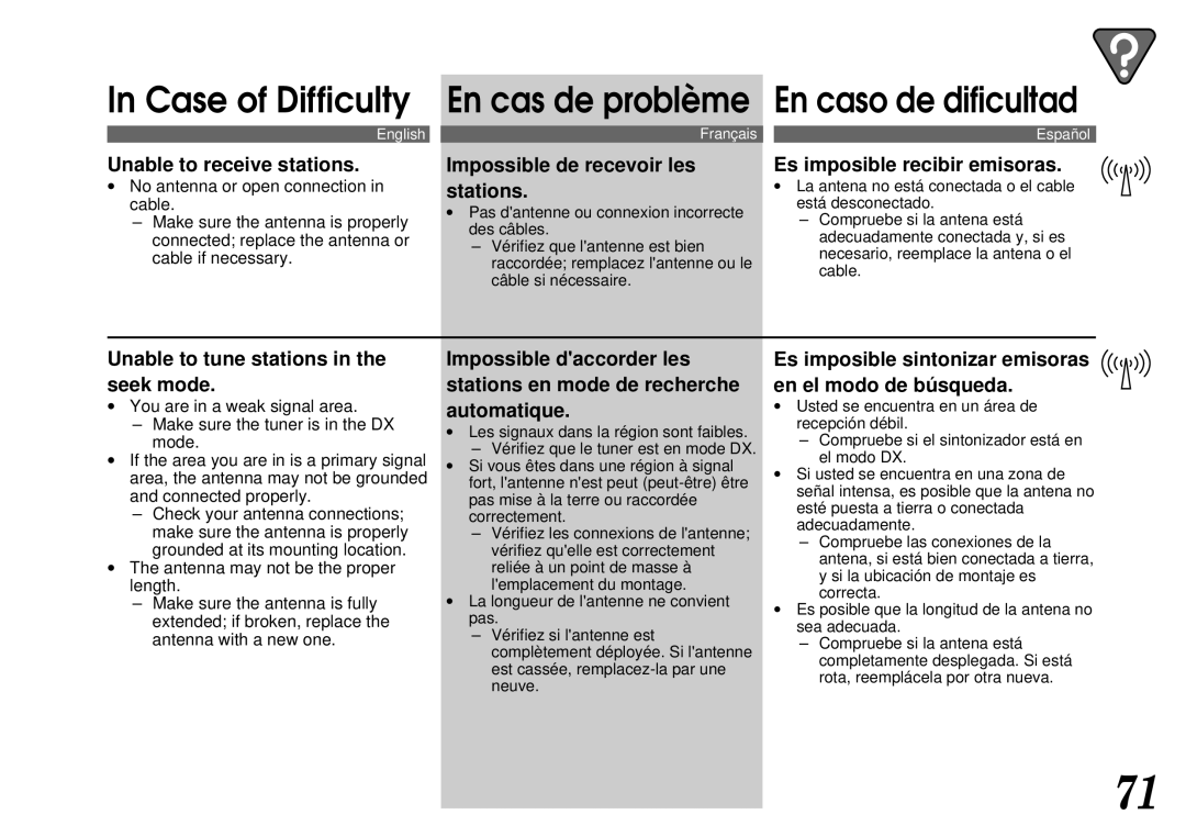 Alpine CDA-7844 ∙ No antenna or open connection, ∙ La antena no está conectada o el cable, ∙ You are in a weak signal area 