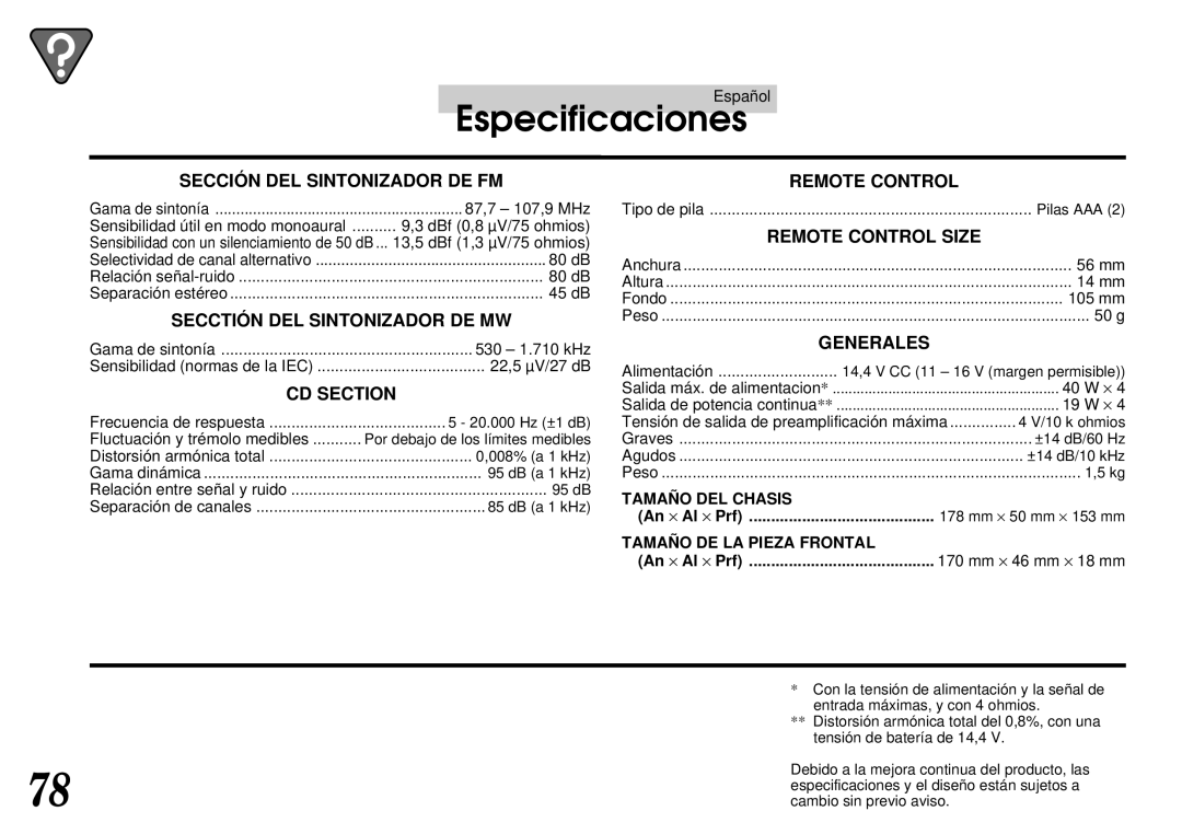 Alpine CDA-7844 owner manual DBf 0,8 µV/75 ohmios, 22,5 µV/27 dB Alimentación, Tensión de salida de preamplificación máxima 