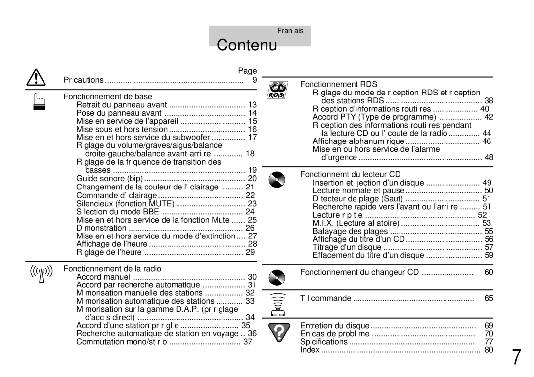 Alpine CDA-7844 owner manual Contenu, Français 