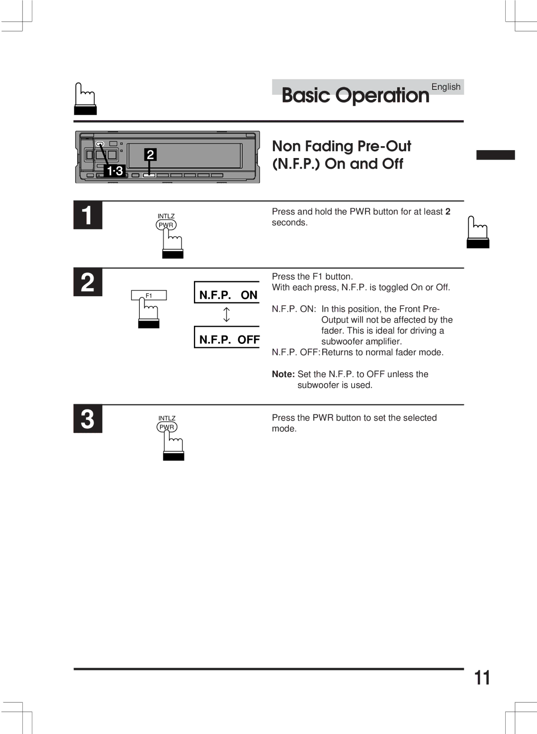 Alpine CDA-7846E owner manual Non Fading Pre-Out N.F.P. On and Off, P. on P. OFF 