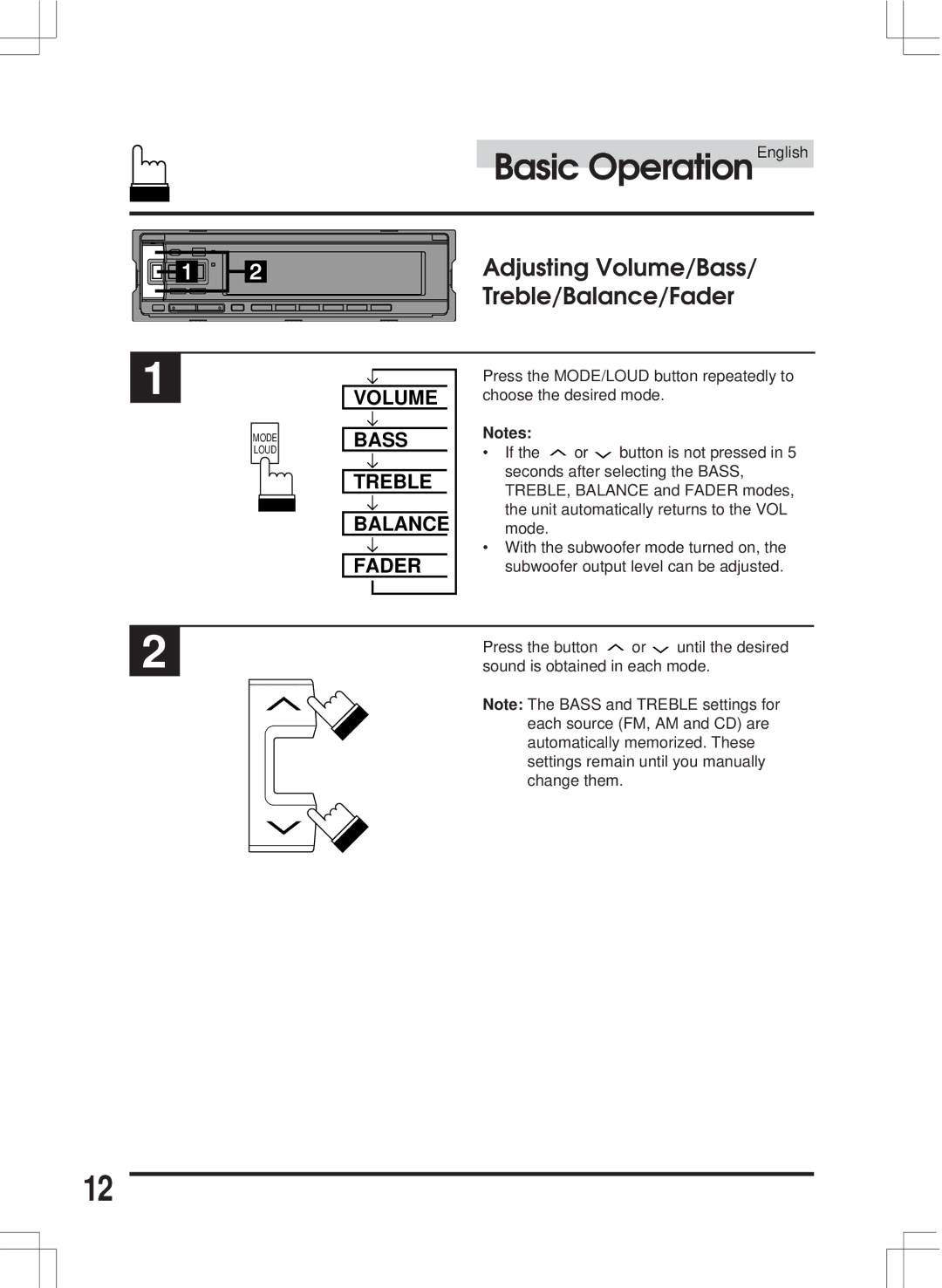 Alpine CDA-7846E owner manual Adjusting Volume/Bass/ Treble/Balance/Fader, Volume Bass Treble Balance Fader 