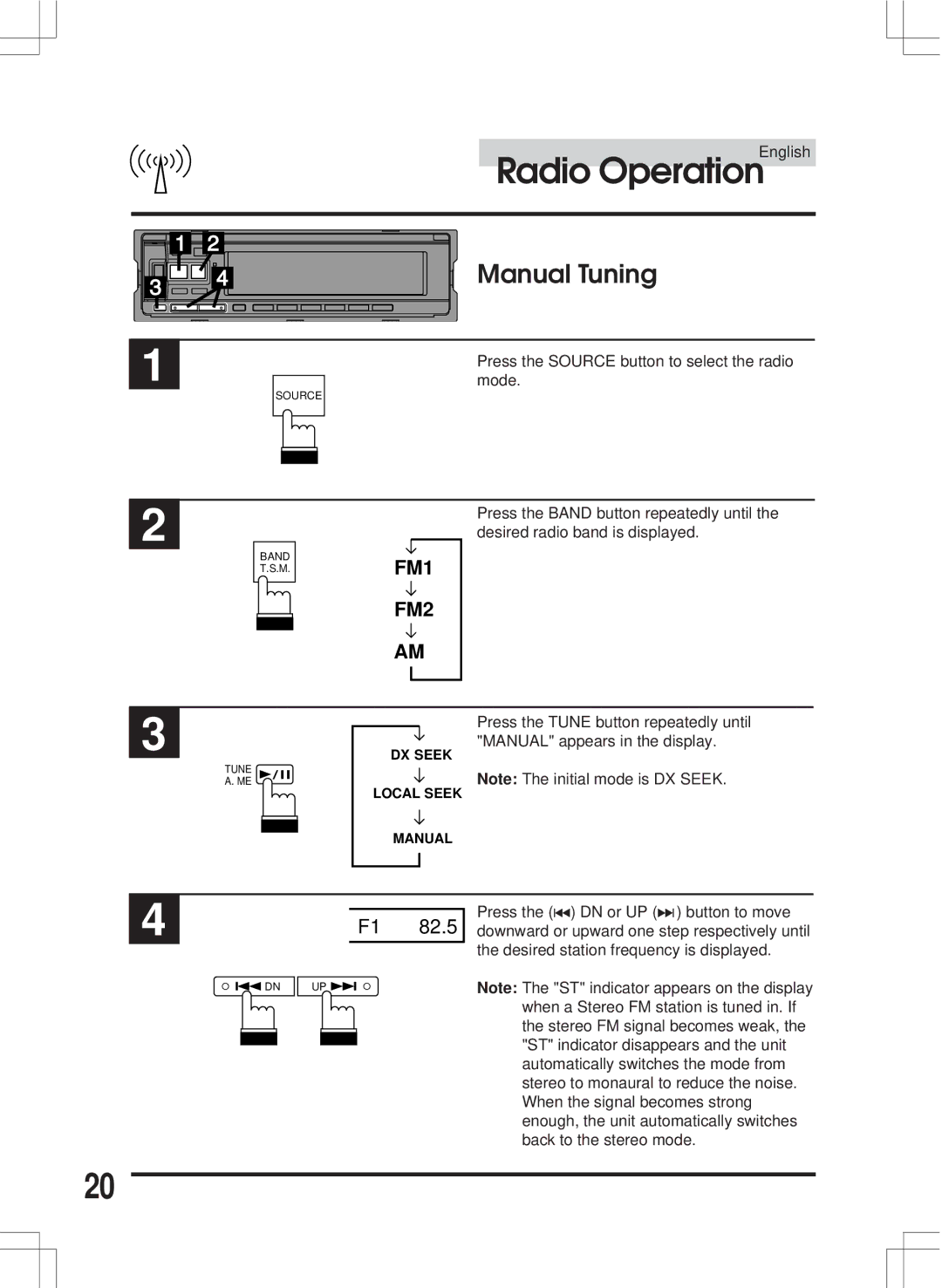 Alpine CDA-7846E owner manual Radio OperationEnglish, Manual Tuning, FM1 FM2 