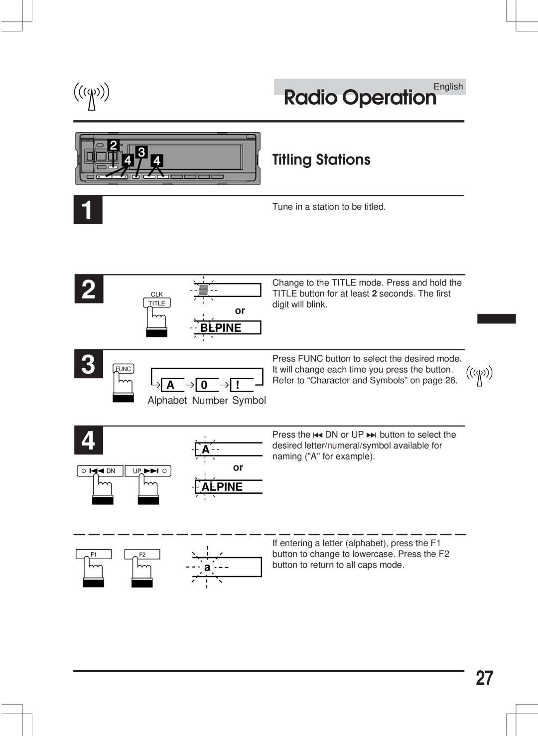 Alpine CDA-7846E owner manual Titling Stations, Blpine 