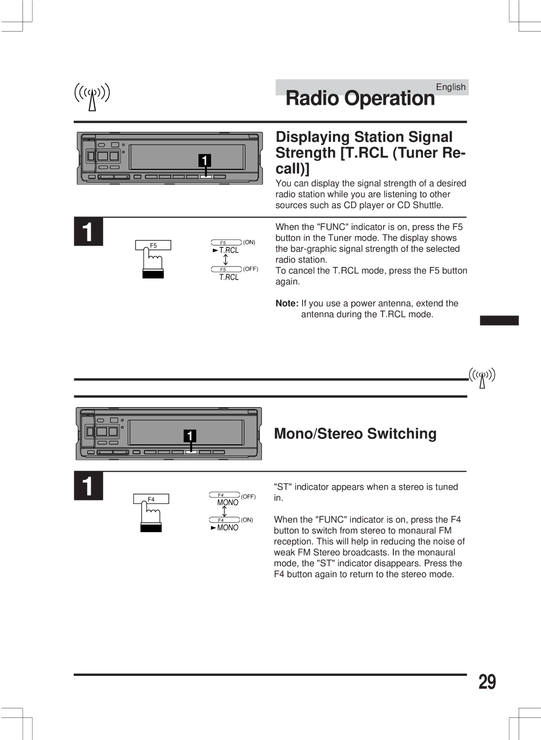 Alpine CDA-7846E owner manual Displaying Station Signal Strength T.RCL Tuner Re- call, Mono/Stereo Switching 