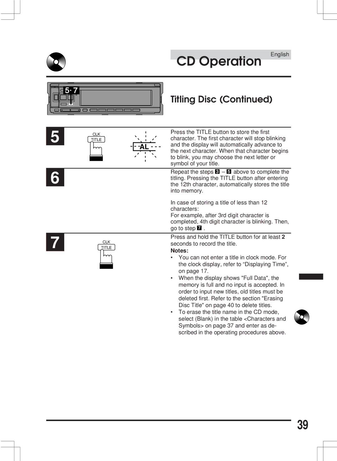 Alpine CDA-7846E owner manual Press the Title button to store the first 