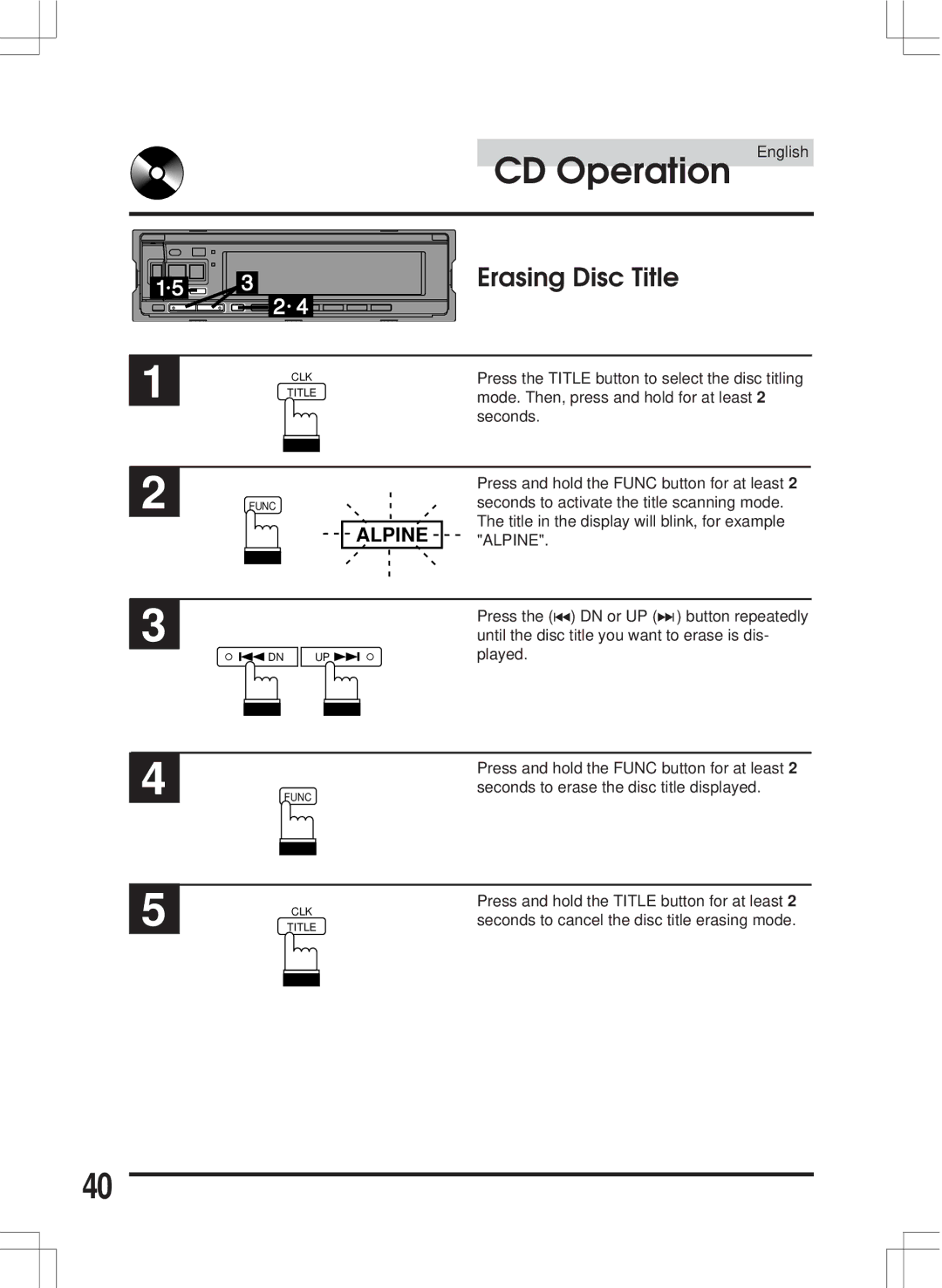 Alpine CDA-7846E owner manual Erasing Disc Title, Alpine 