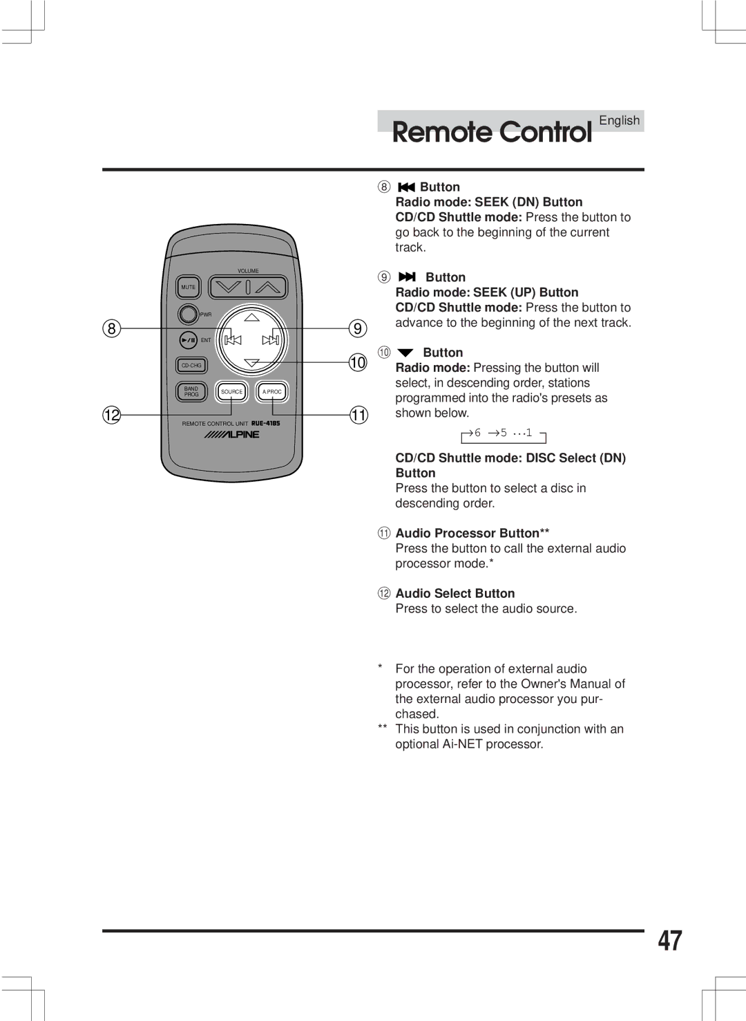 Alpine CDA-7846E owner manual CD/CD Shuttle mode Disc Select DN Button 