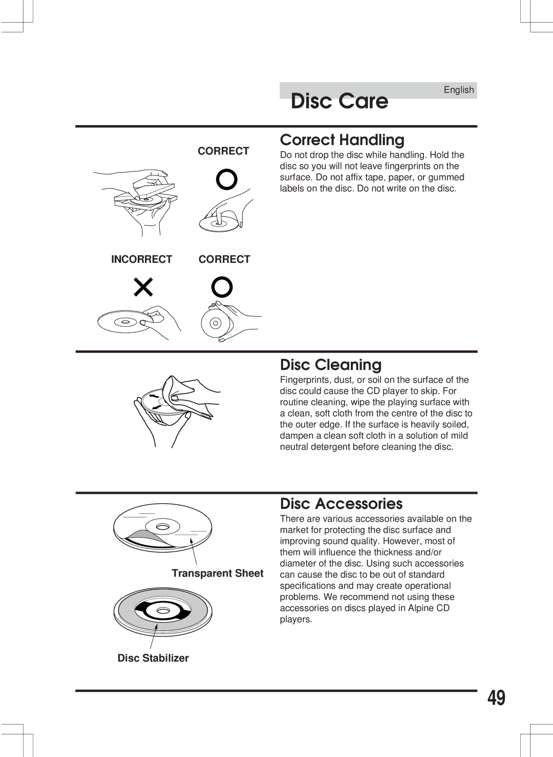 Alpine CDA-7846E owner manual Disc Care, Correct Handling, Disc Cleaning, Disc Accessories 