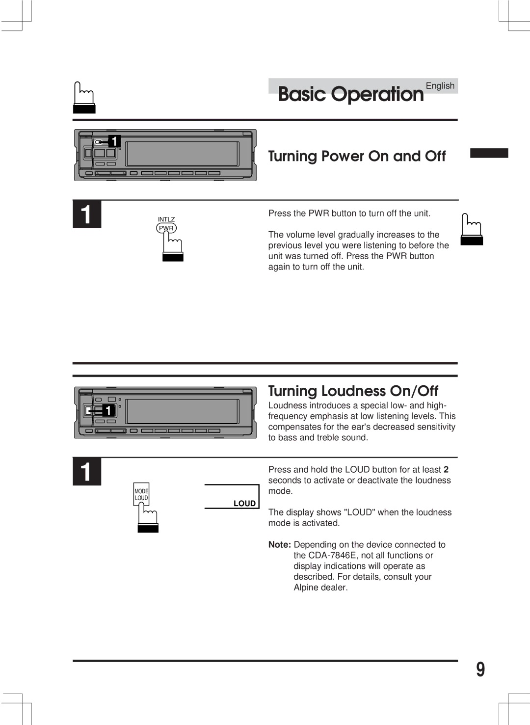 Alpine CDA-7846E owner manual Turning Power On and Off, Turning Loudness On/Off 