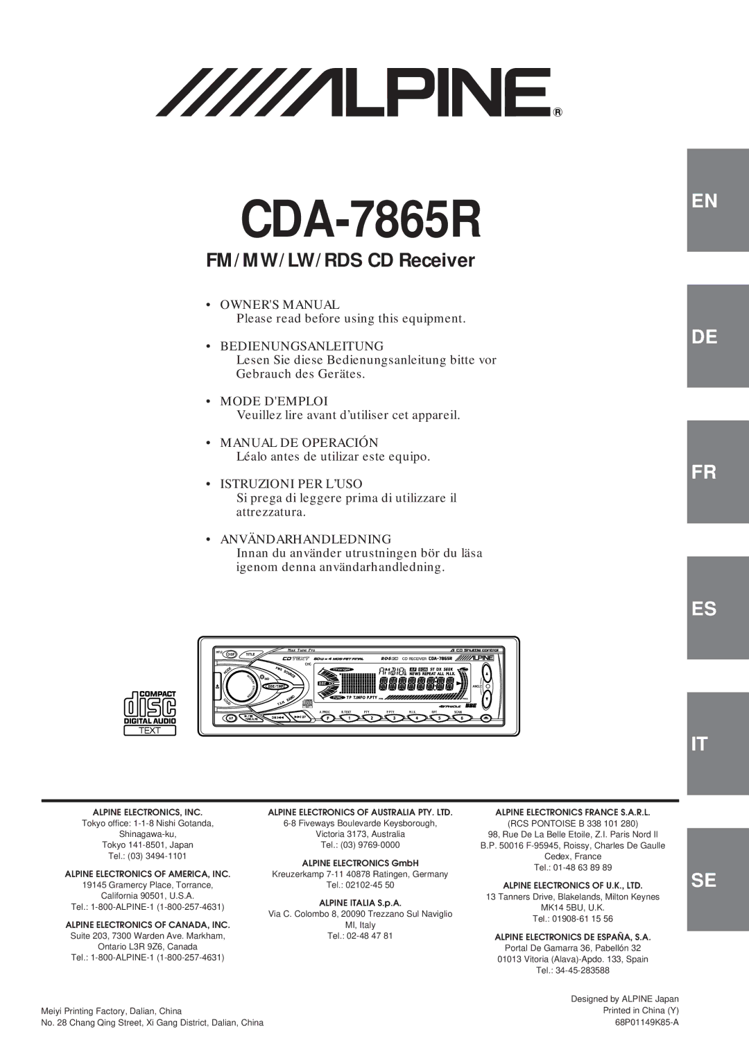 Alpine CDA-7865R owner manual 