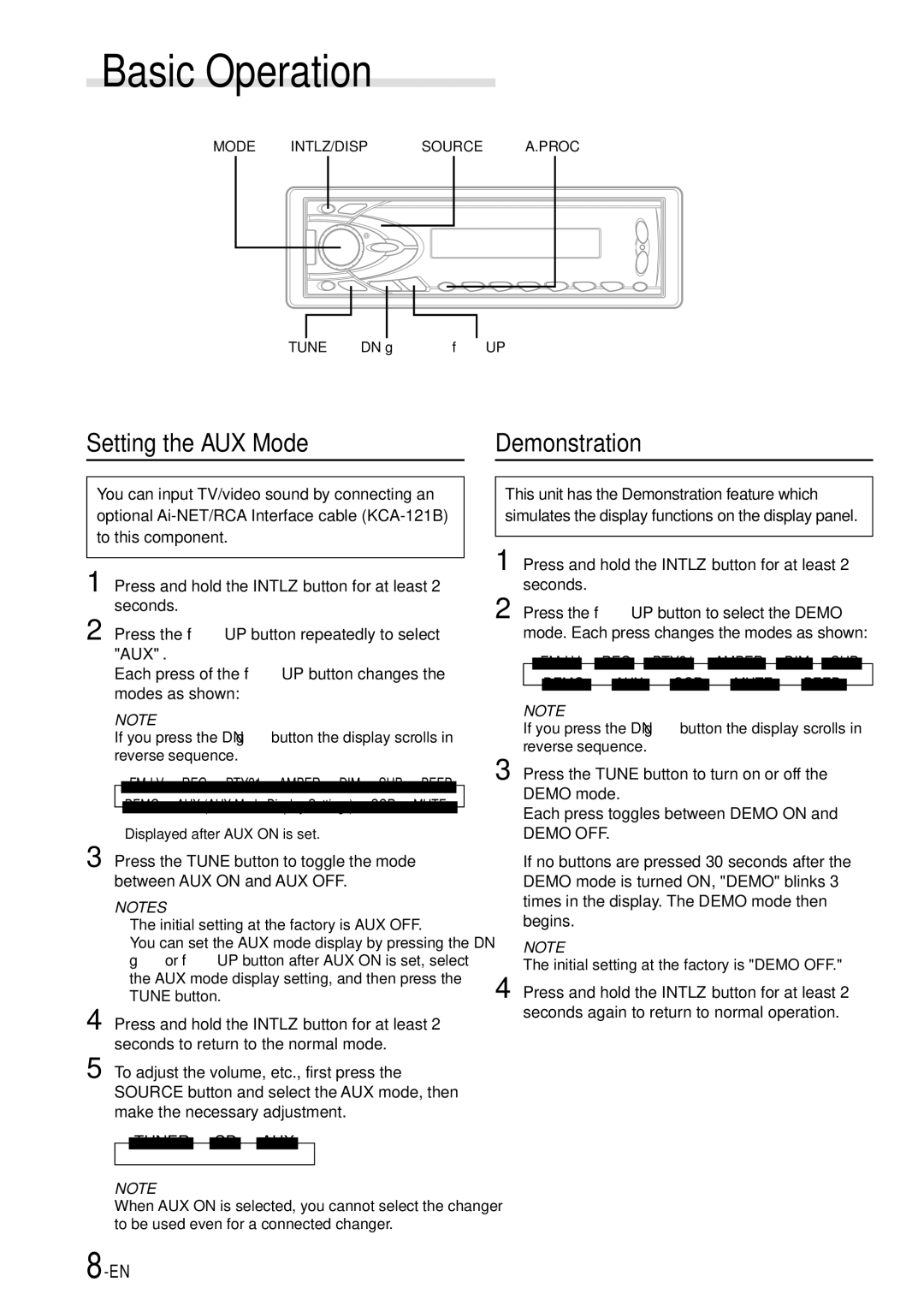 Alpine CDA-7865R owner manual Setting the AUX Mode Demonstration, → Tuner → CD → AUX, Demo OFF 