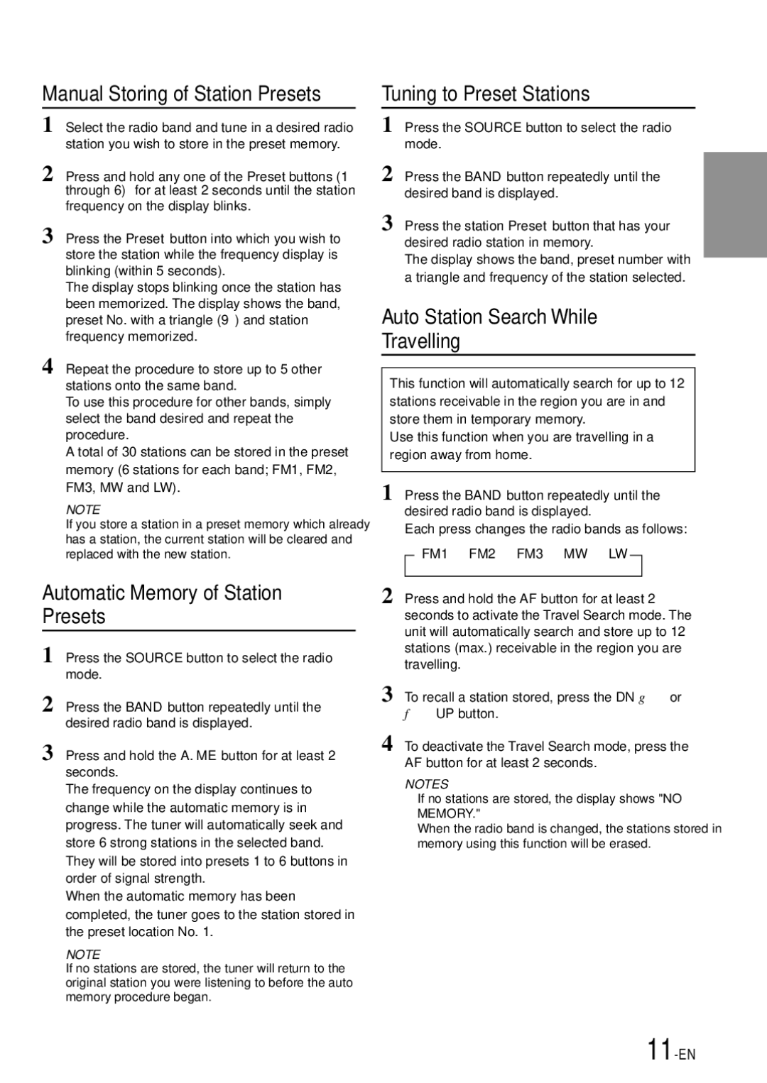 Alpine CDA-7865R Automatic Memory of Station Presets, Tuning to Preset Stations, Auto Station Search While Travelling 