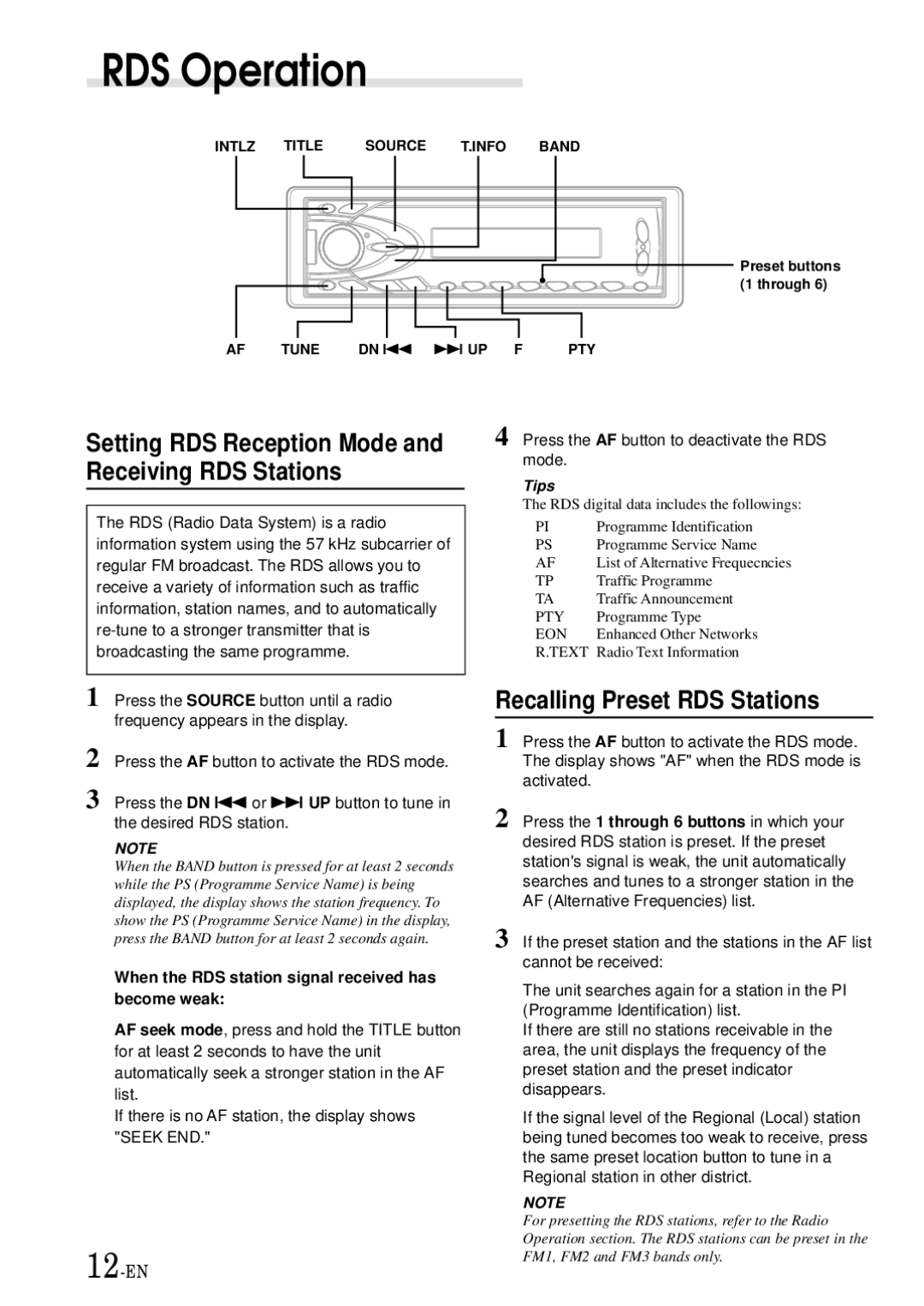 Alpine CDA-7865R RDS Operation, Setting RDS Reception Mode and Receiving RDS Stations, Recalling Preset RDS Stations 