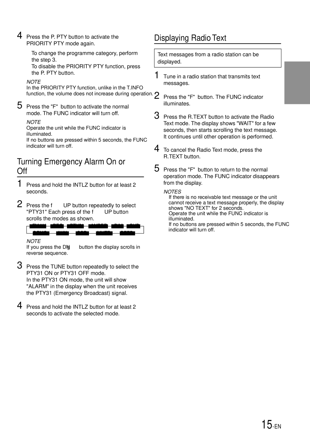 Alpine CDA-7865R owner manual Turning Emergency Alarm On or Off, Displaying Radio Text 