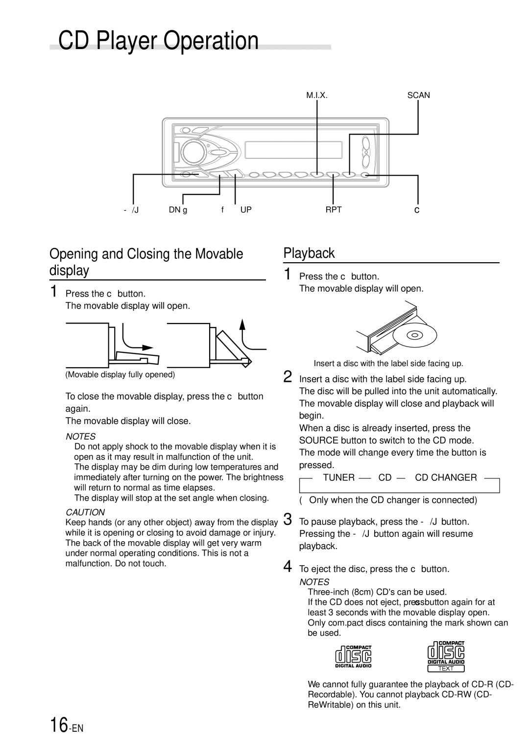 Alpine CDA-7865R CD Player Operation, Opening and Closing the Movable display, Playback, → Tuner → CD → CD CHANGER∗ 