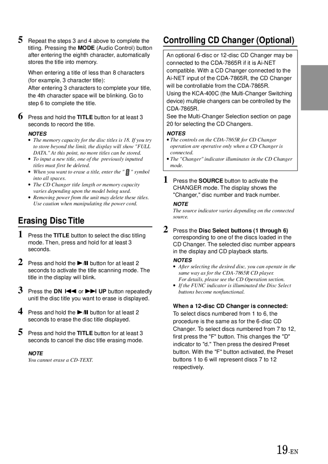 Alpine CDA-7865R owner manual Erasing Disc Title, Controlling CD Changer Optional, When a 12-disc CD Changer is connected 