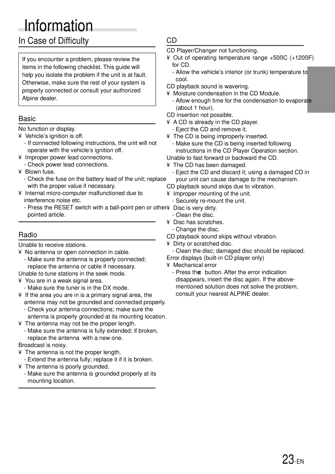 Alpine CDA-7865R owner manual Information, Case of Difficulty 