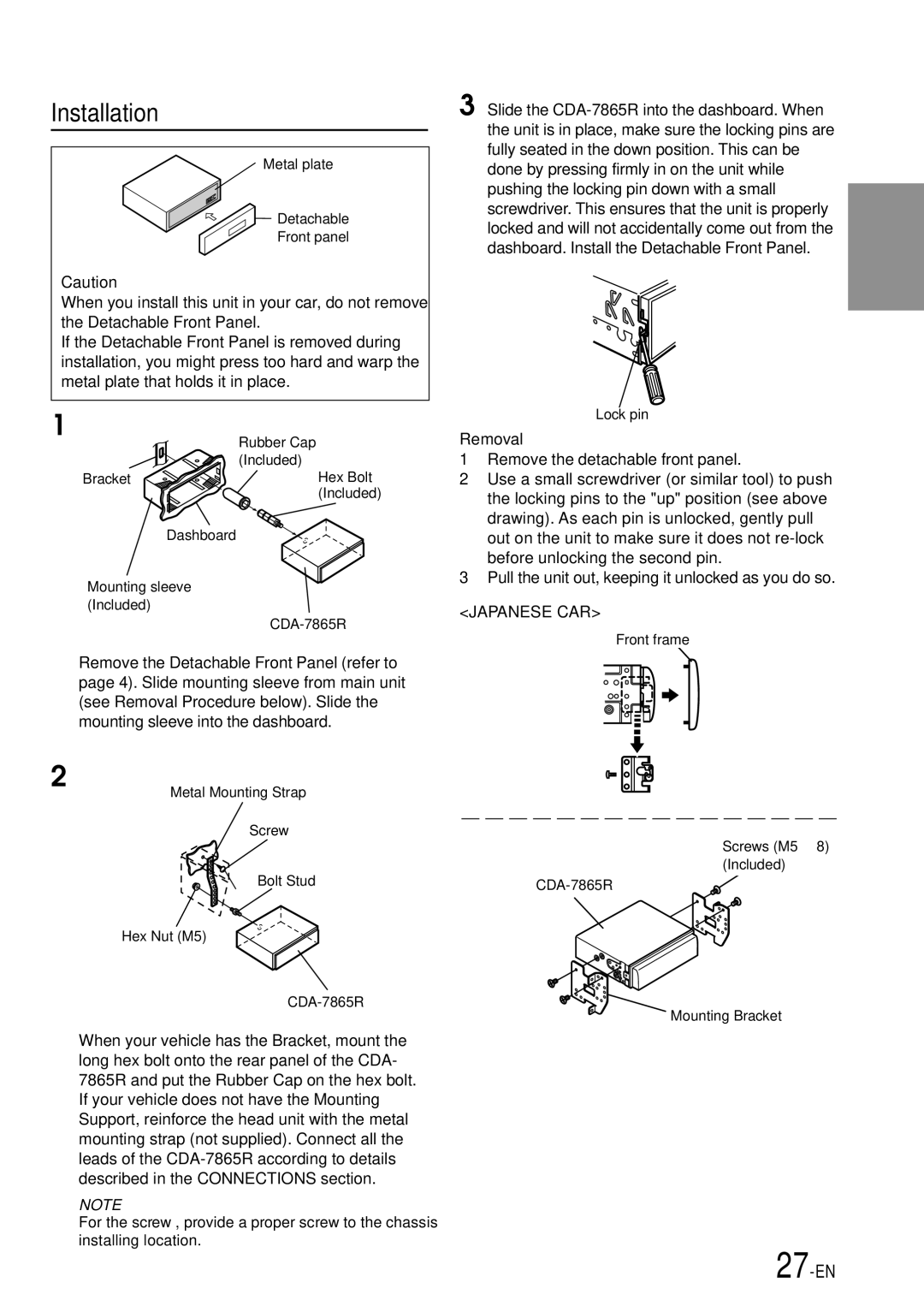 Alpine CDA-7865R owner manual Installation, Removal 