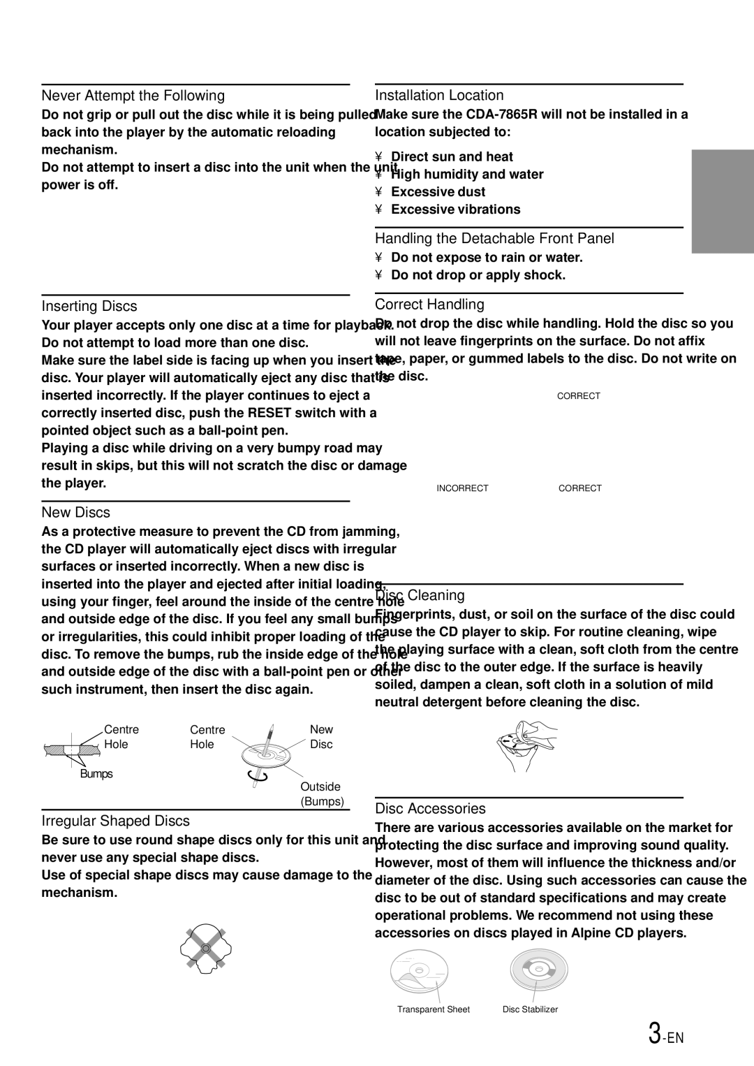 Alpine CDA-7865R owner manual Handling the Detachable Front Panel 